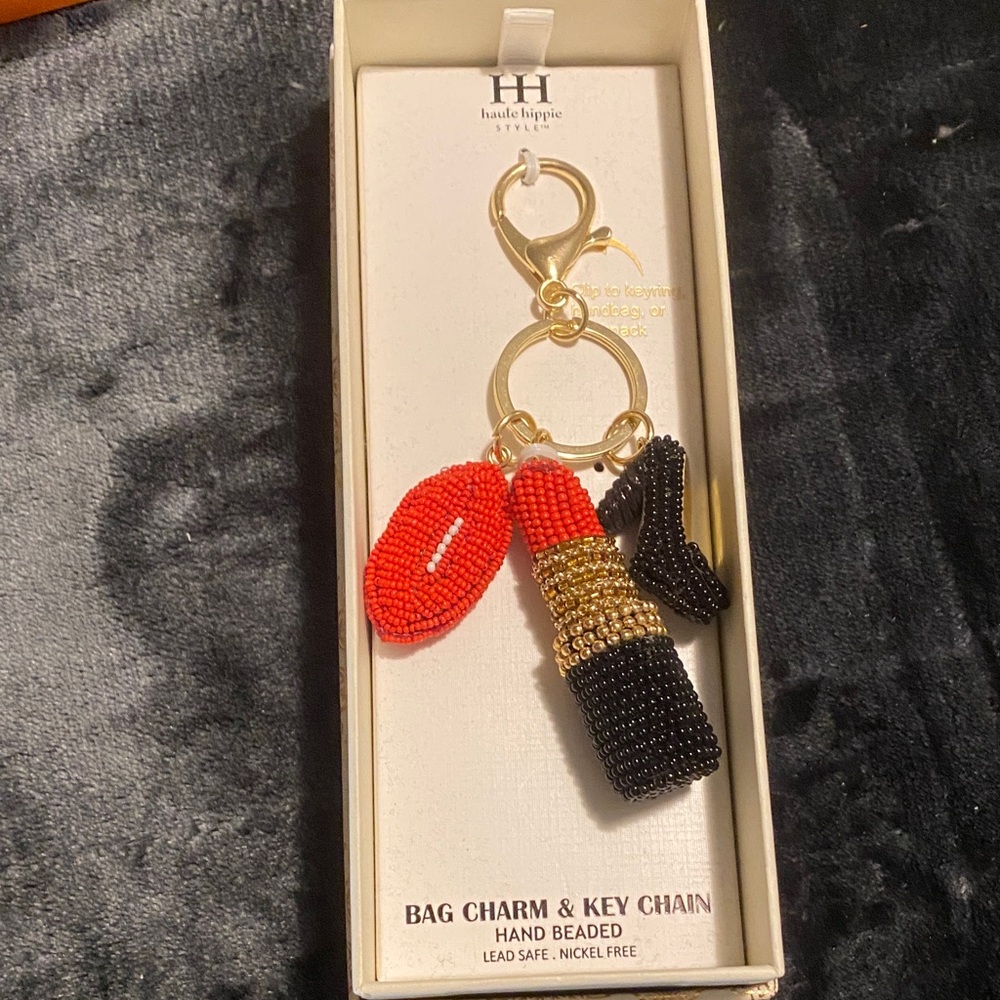 Haute Hippie Red and Black Beaded Lipstick Key Holder